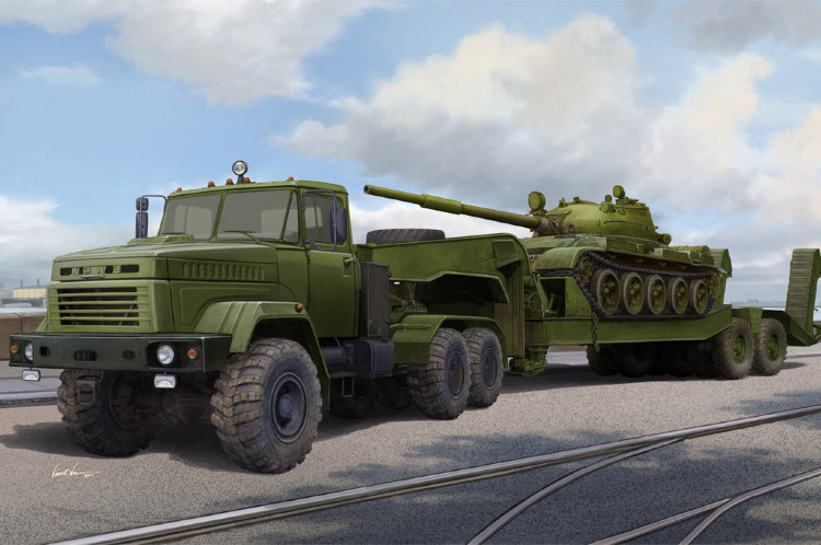 Тяжелый тягач КрАЗ-6446 с полуприцепом МАЗ/ЧМЗАП-5247Г и танком Т-62 сборная модель 1/35